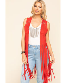 Idyllwind Women's Sway to The Music Studded Fringe Vest, Red, hi-res