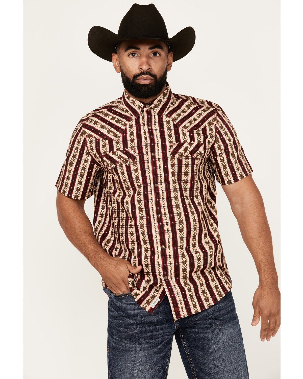 Moonshine Spirit&reg; Men's Experience Southwestern Striped Print Short Sleeve Snap Western Shirt, Cream, hi-res