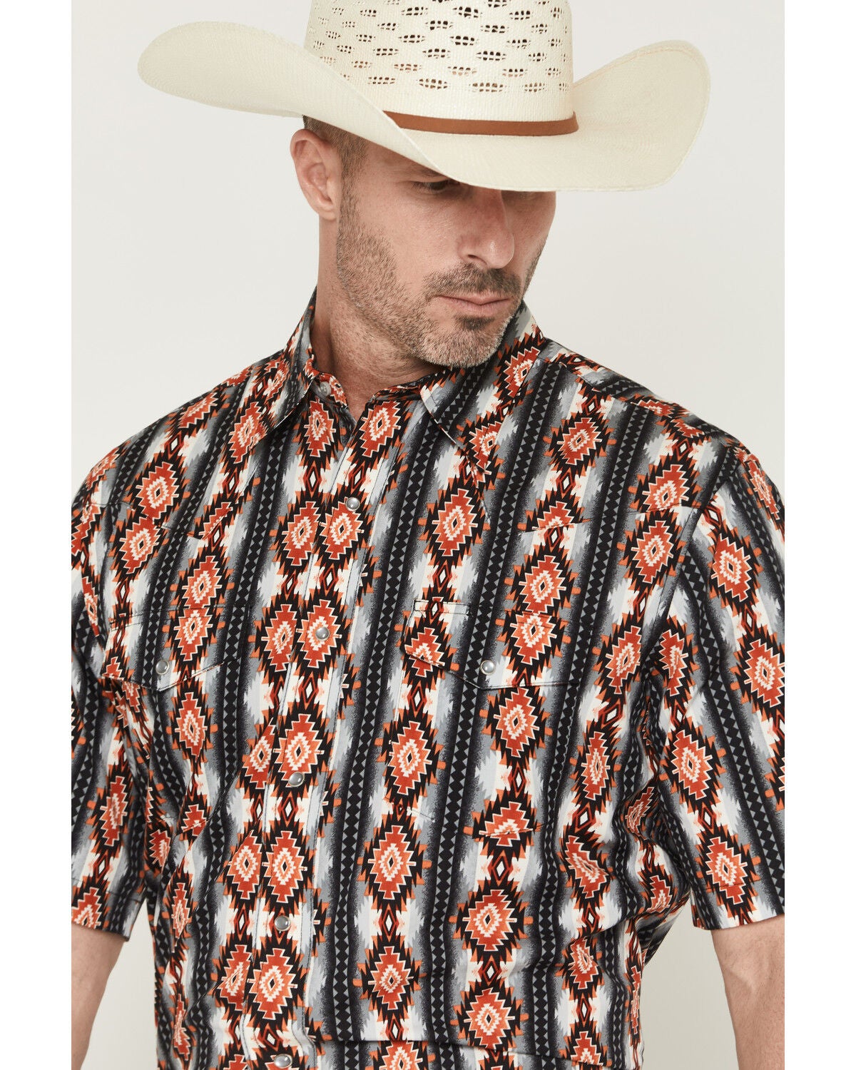 Image #2 - Wrangler Men's Checotah Southwestern Striped Short Sleeve Pearl Snap Western Shirt, Black, hi-res