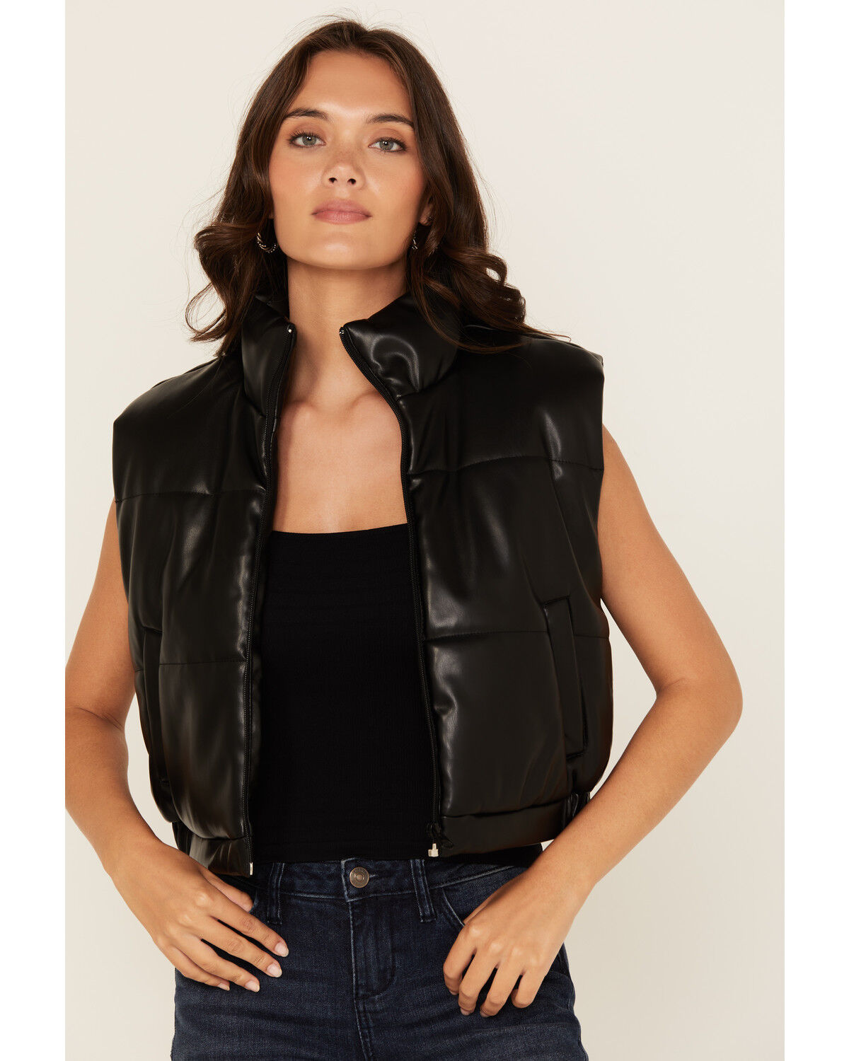 Image #2 - Stoosh Women's Faux Leather Puffer Vest, Black, hi-res