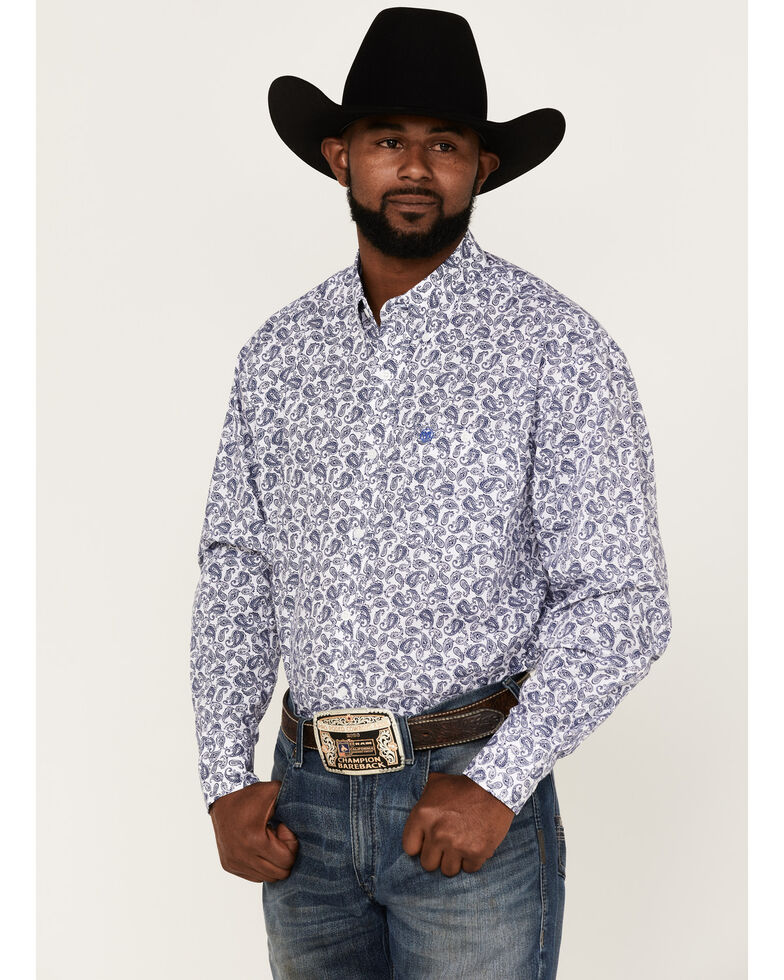 Wrangler Men's Classic Paisley Print Long Sleeve Button-Down Western Shirt , Blue, hi-res