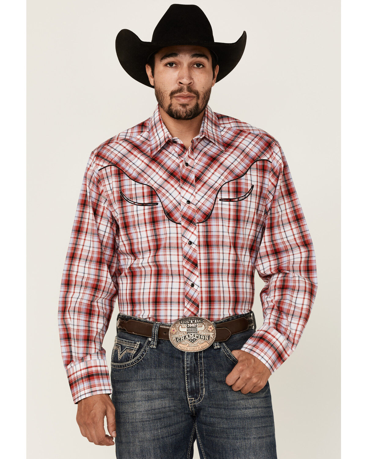 Image #1 - Roper Men's Plaid Print Embroidered Applique Long Sleeve Snap Western Shirt, Red, hi-res
