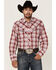 Image #1 - Roper Men's Plaid Print Embroidered Applique Long Sleeve Snap Western Shirt , Red, hi-res