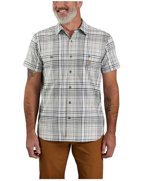 Image #1 - Carhartt Men's Rugged Flex® Plaid Print Relaxed Fit Lightweight Short Sleeve Button-Down Work Shirt - Tall , Dark Grey, hi-res