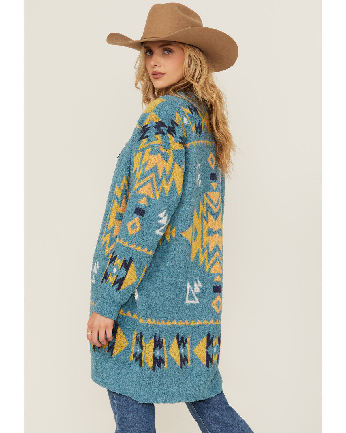 Image #1 - Angie Women's Southwestern Print Open Front Sweater, Teal, hi-res