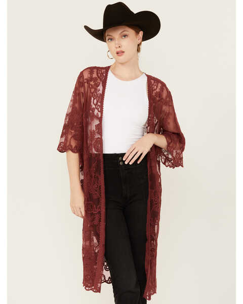 Shyanne Women's Lace Duster Kimono, Dark Red, hi-res