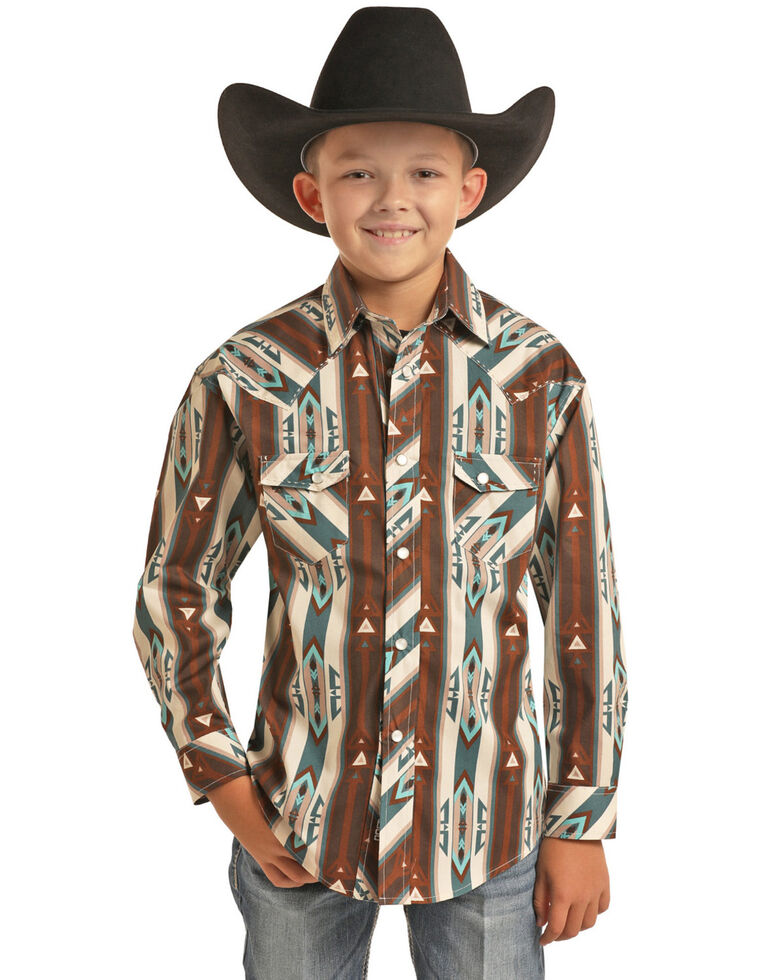 Rock & Roll Denim Boys' Tan Striped Southwestern Print Long Sleeve Western Shirt , Tan, hi-res