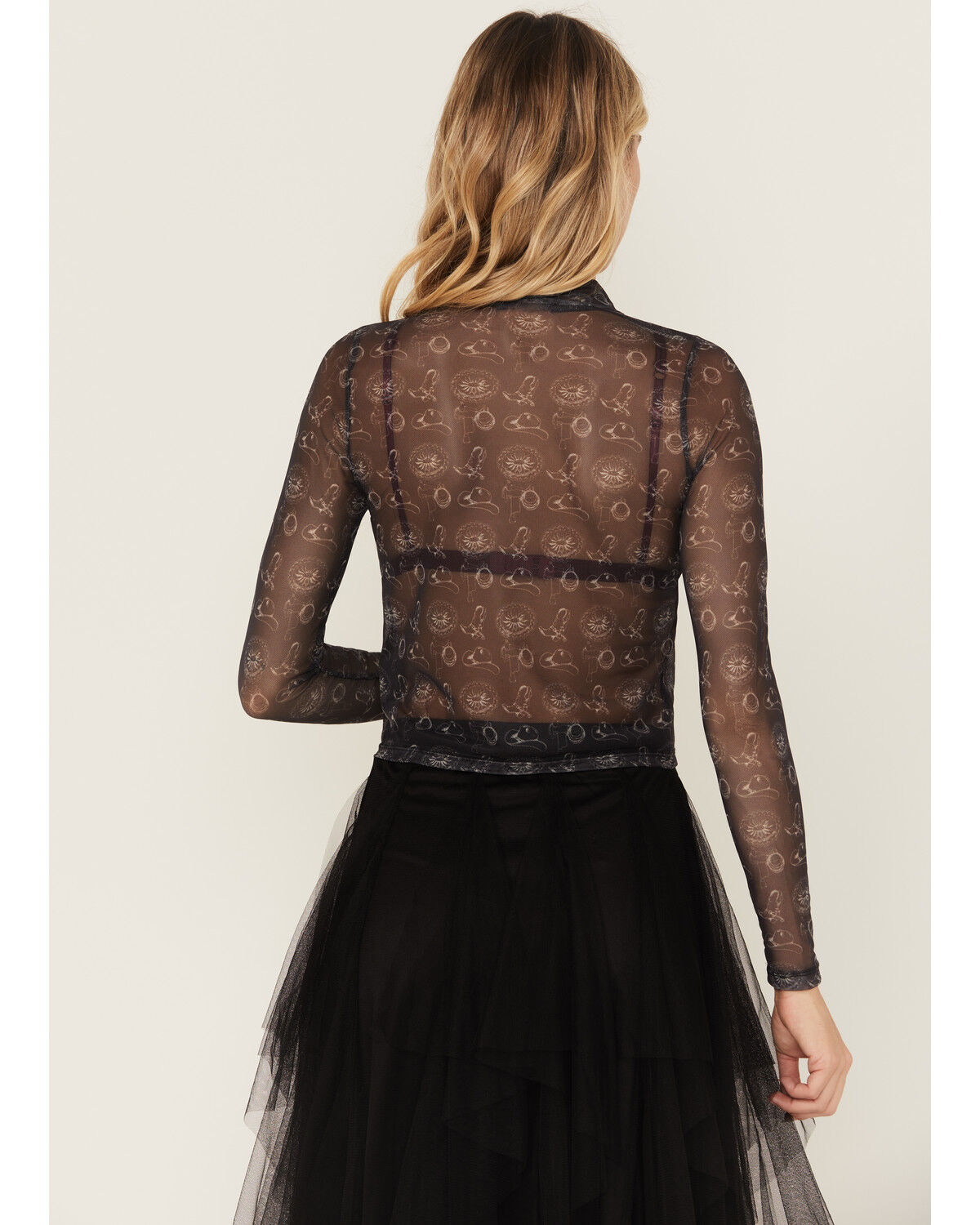 Image #4 - Rock & Roll Denim Women's Conversation Print Long Sleeve Cropped Shirt, Black, hi-res