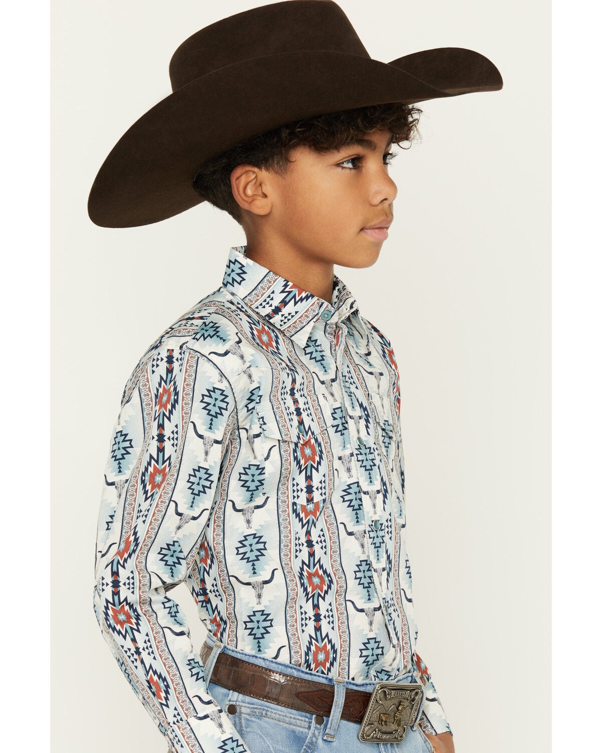 Image #2 - Wrangler Boys' Checotah Southwestern Striped Long Sleeve Pearl Snap Western Shirt, Blue, hi-res