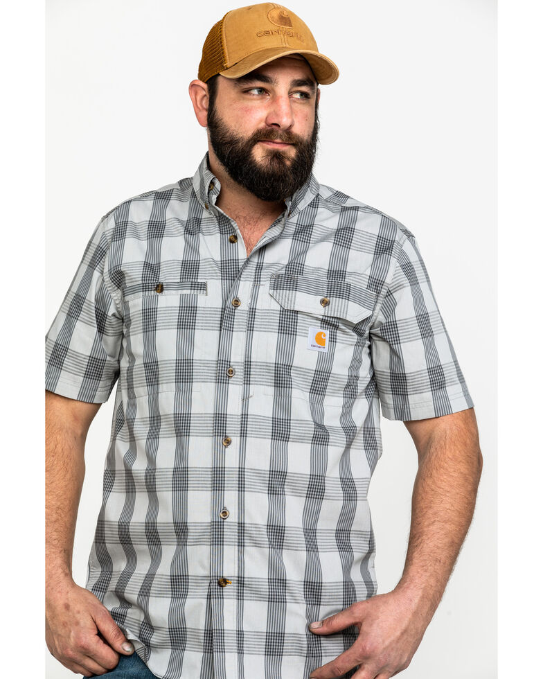 Carhartt Men's Grey Rugged Flex Rigby Plaid Short Sleeve Work Shirt , Dark Grey, hi-res