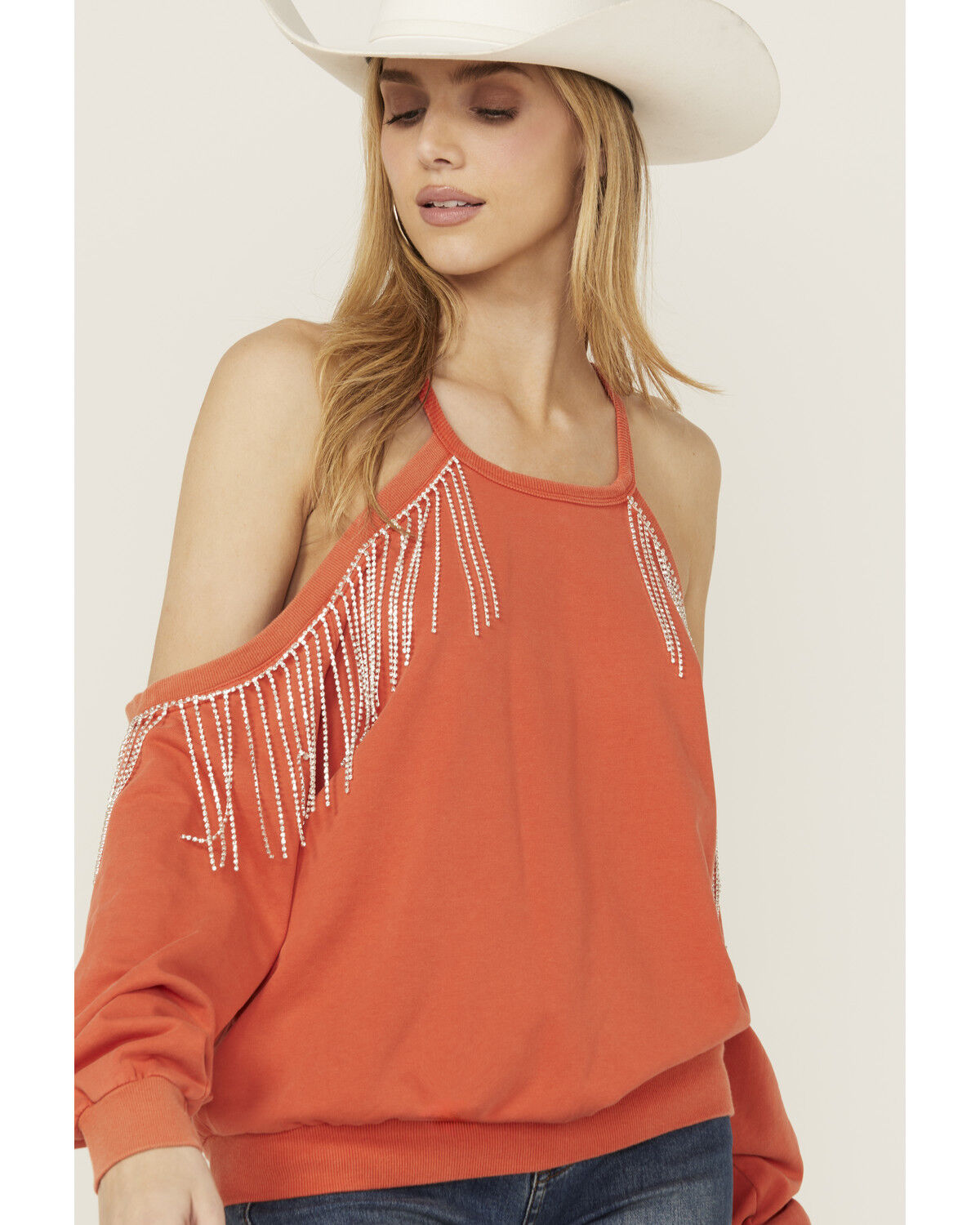 Image #2 - Blue B Women's Rhinestone Fringe Cold Shoulder Sweatshirt, Orange, hi-res