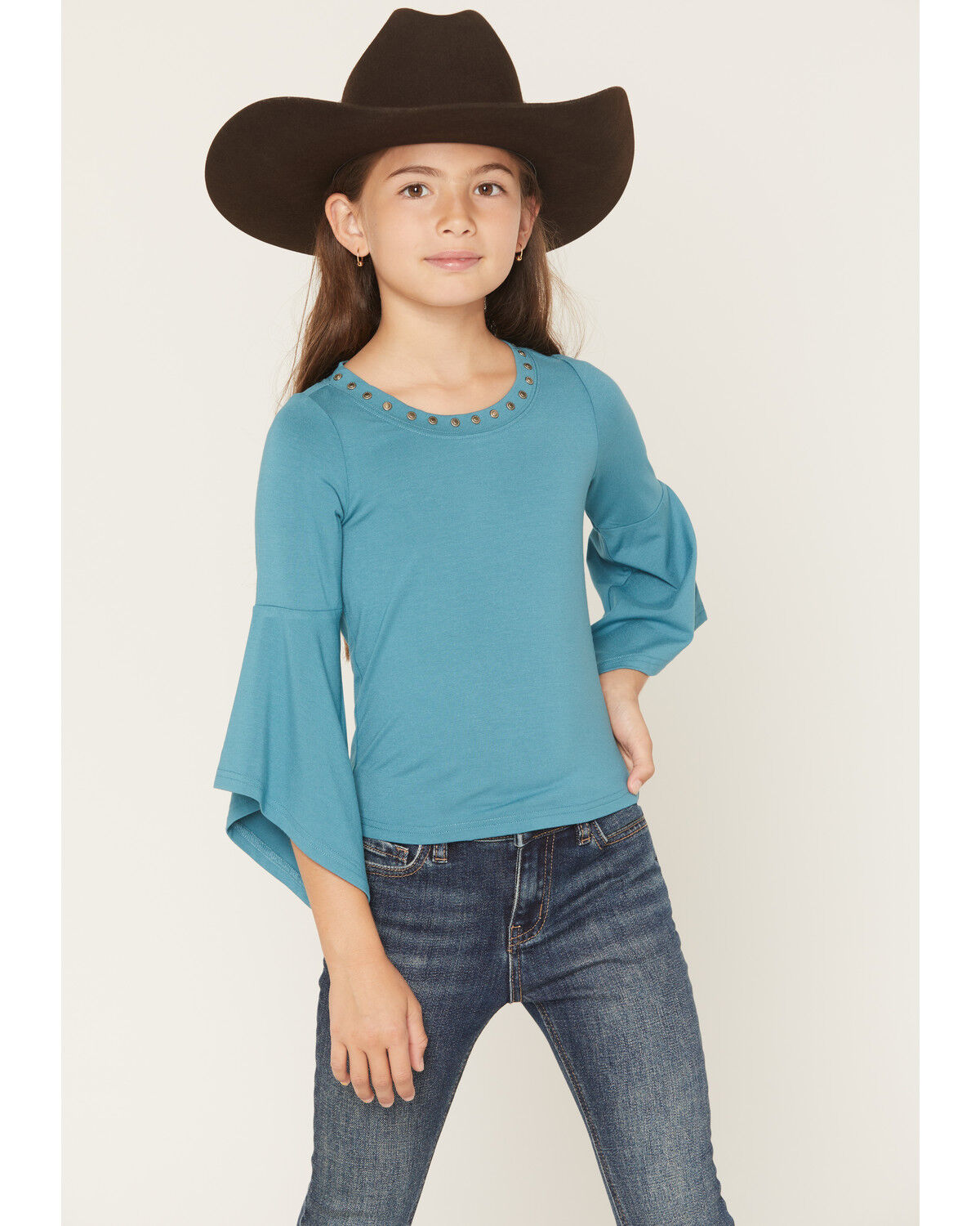 Image #1 - Shyanne Girls' Solid Studded Long Bell Sleeve Shirt, Turquoise, hi-res