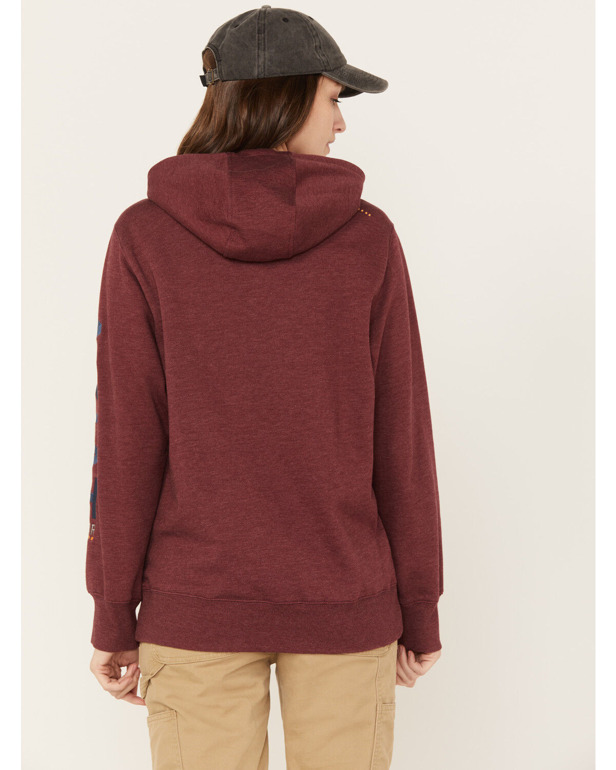 Image #4 - Ariat Women's Rebar Logo Sleeve Graphic Work Hooded Sweatshirt, Heather Red, hi-res