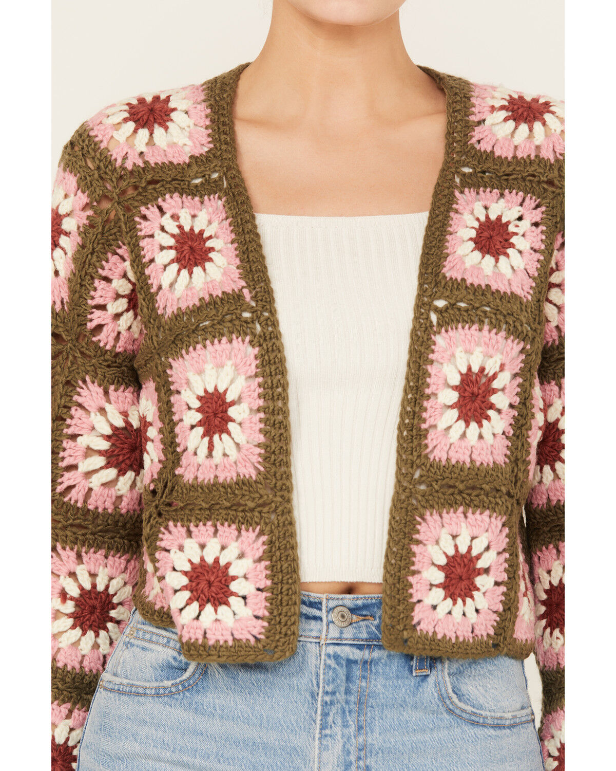 Image #3 - Sadie & Sage Women's Whoopsie Daisy Crochet Cropped Cardigan, Olive, hi-res