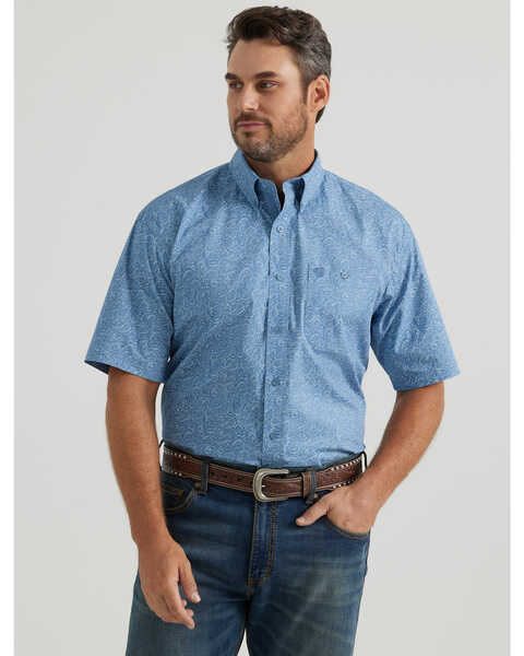 George Strait by Wrangler Men's Paisley Print Short Sleeve Stretch Western Shirt, Blue, hi-res