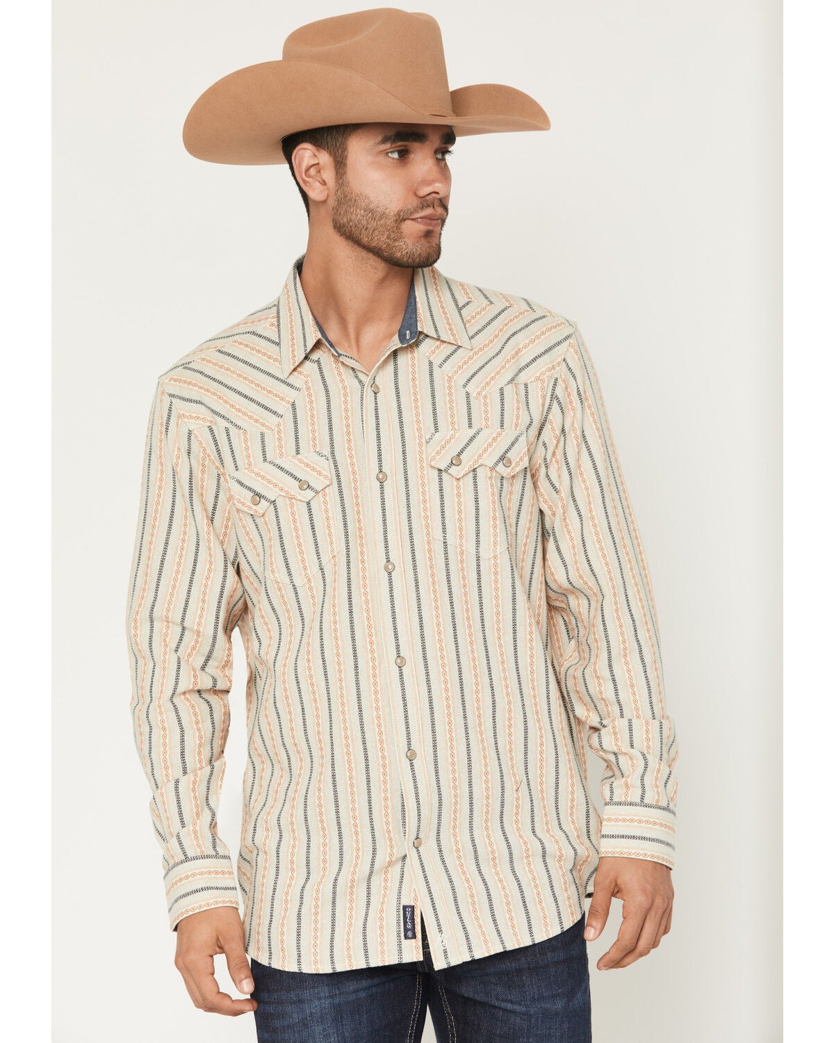 Moonshine Spirit&reg; Men's Archive Dobby Striped Print Long Sleeve Snap Western Shirt, Ivory, hi-res
