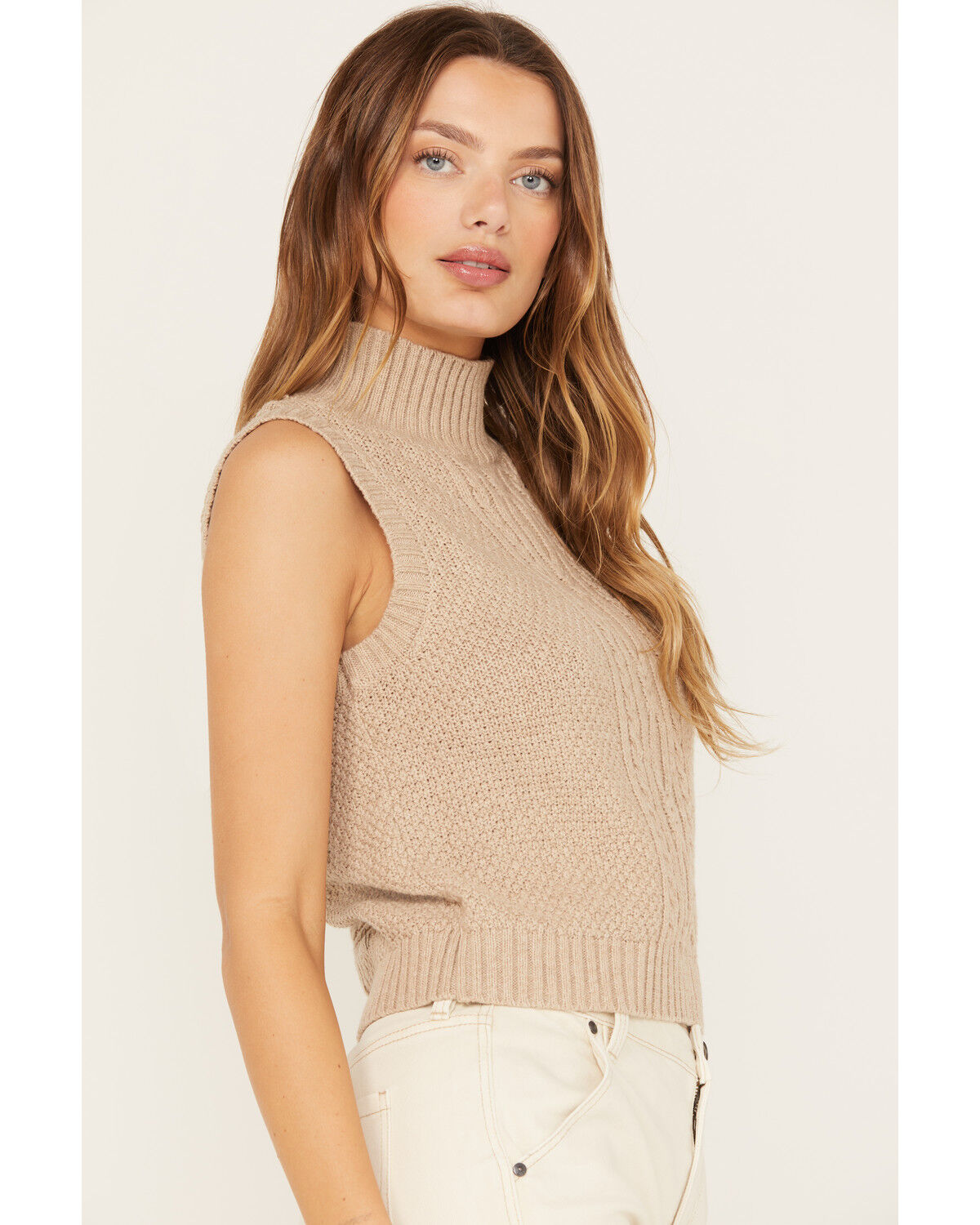 Image #2 - Cleo + Wolf Women's Mock Neck Cropped Tank, Sand, hi-res