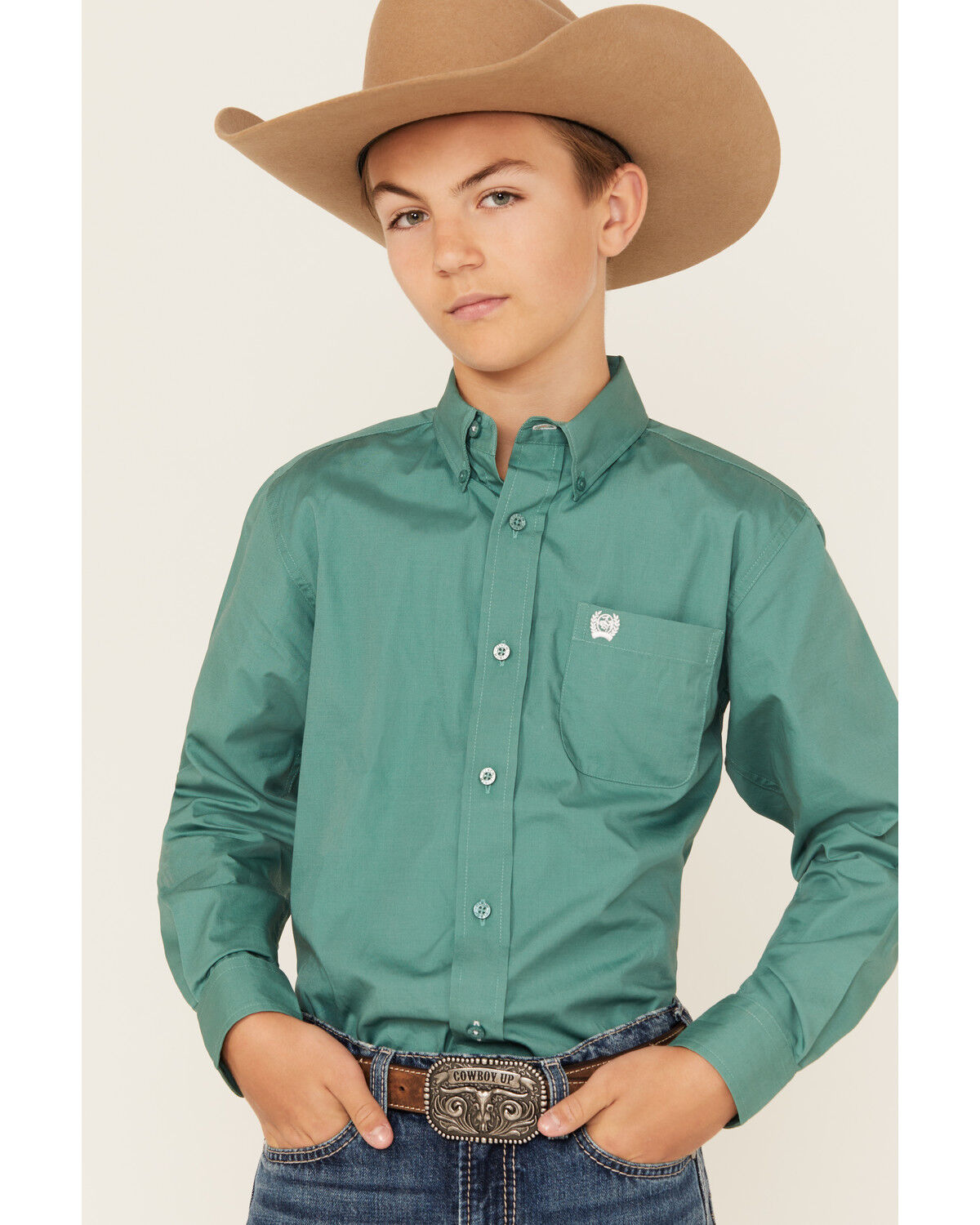 Image #1 - Cinch Boys' Solid Long Sleeve Button-Down Western Shirt, Green, hi-res