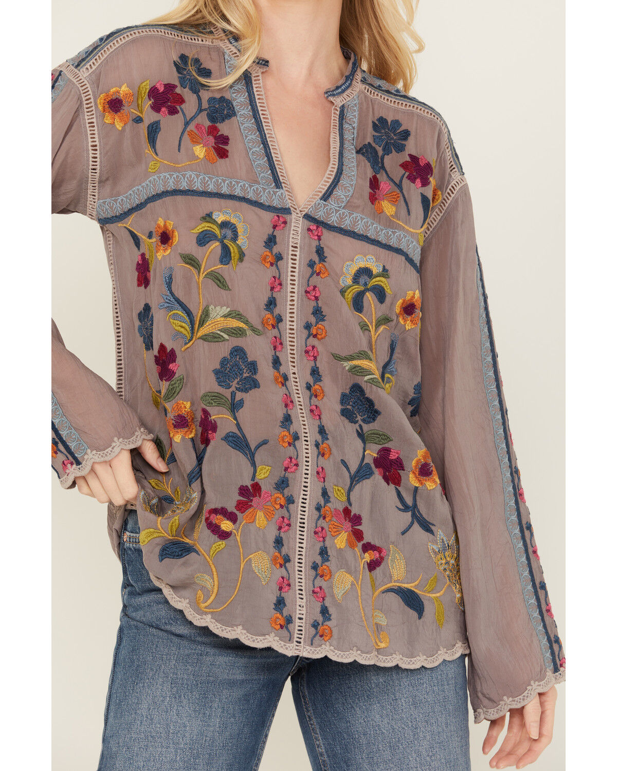 Image #3 - Johnny Was Women's Floral Embroidered Long Sleeve Shirt, Grey, hi-res