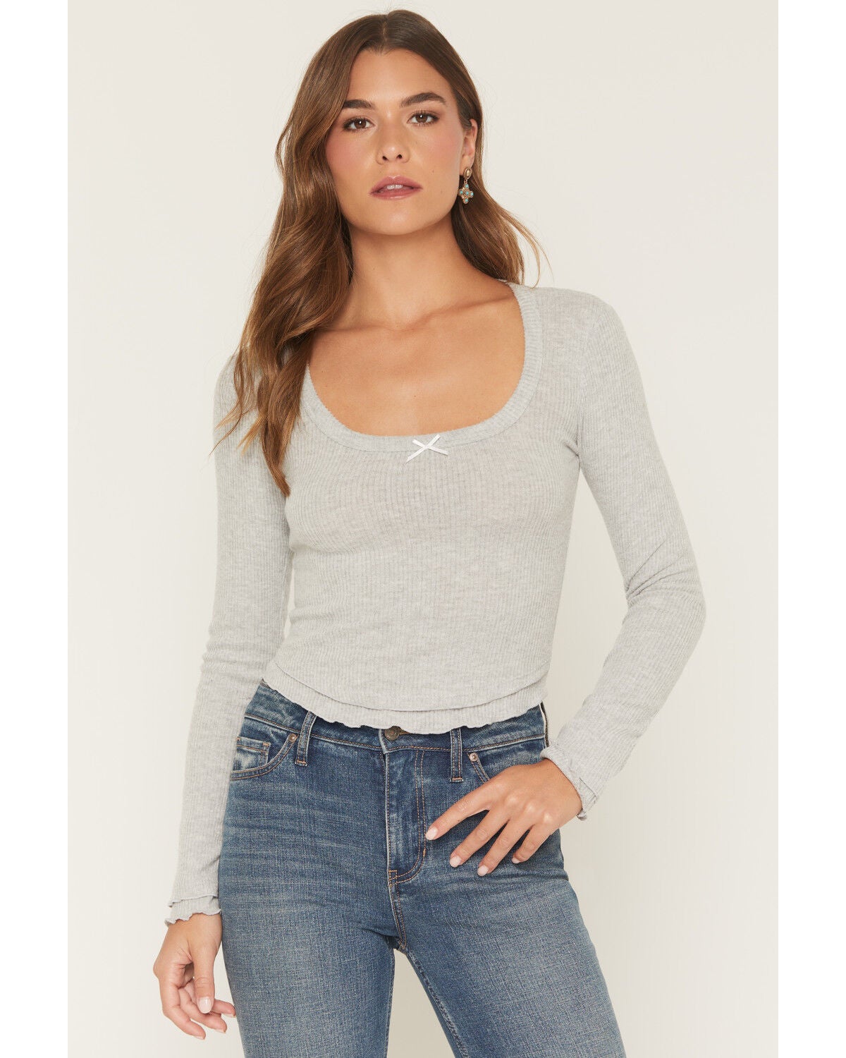 Image #1 - Wild Moss Women's Bow Long Sleeve Top, Grey, hi-res