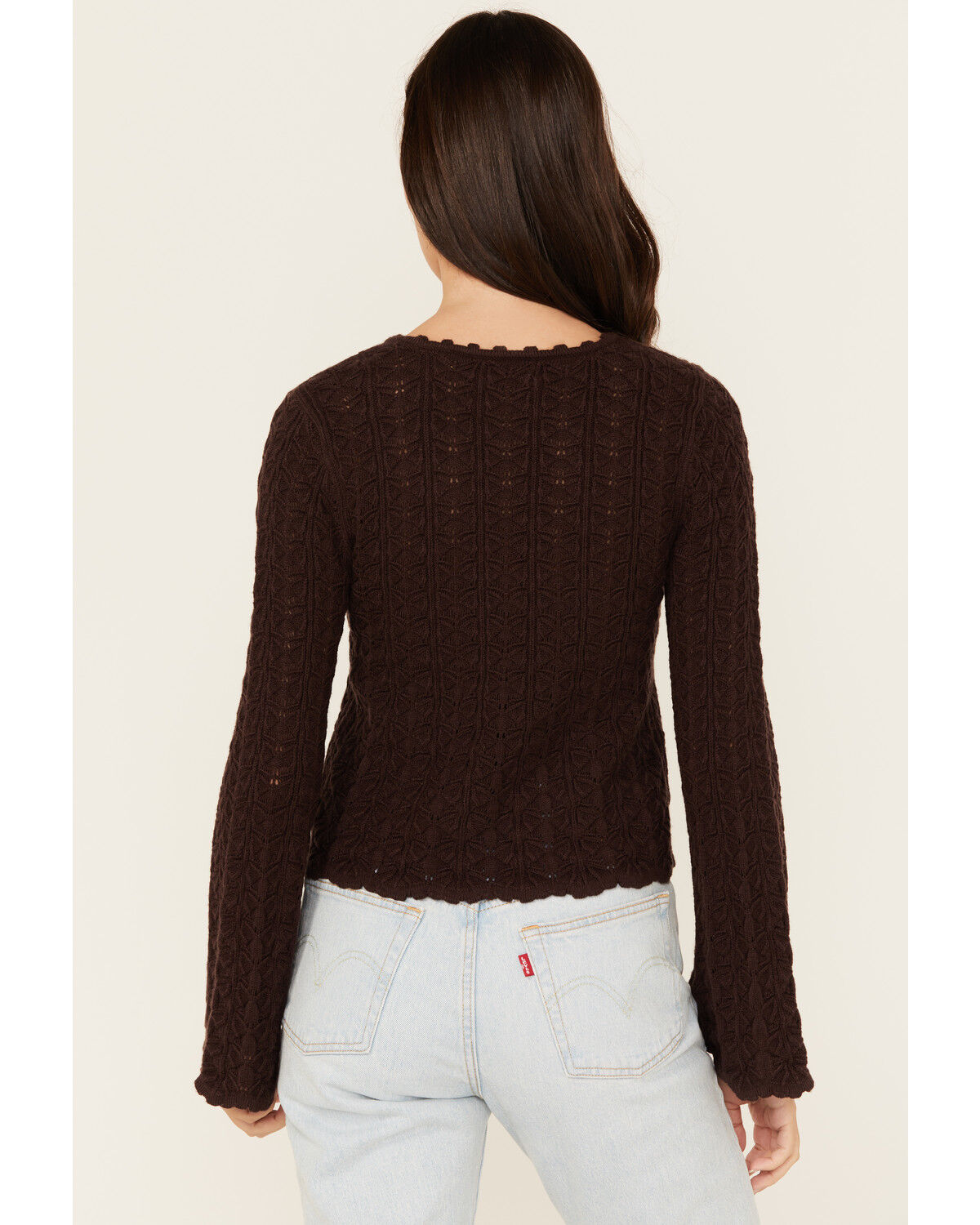 Image #4 - Shyanne Women's Bell Sleeve Pointelle Sweater, Chocolate, hi-res