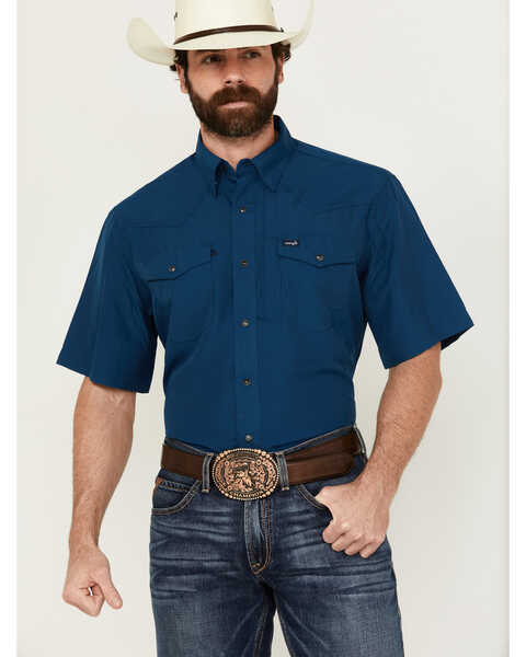 Wrangler Men's Solid Long Sleeve Snap Performance Western Shirt, Navy, hi-res