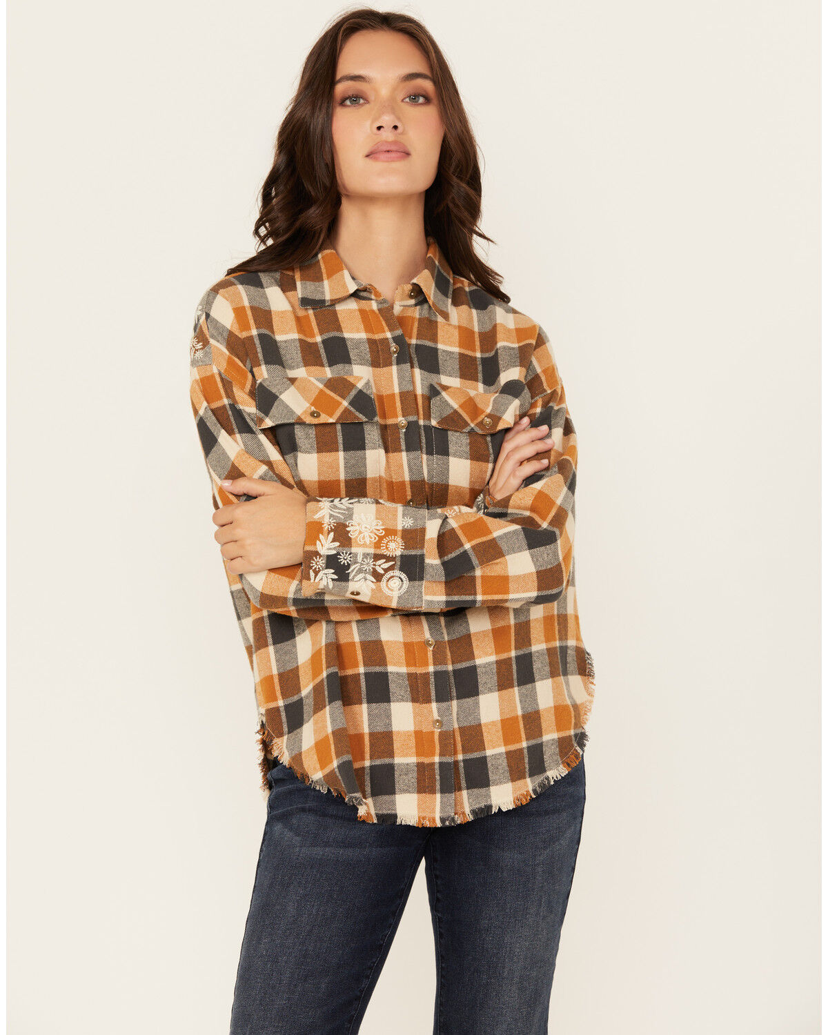 Image #1 - Cleo + Wolf Women's Christian Plaid Print Embroidered Long Sleeve Button-Down Western Shirt, Caramel, hi-res