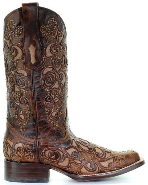 Image #2 - Corral Women's Inlay and Stud Accents Boots - Square Toe , Brown, hi-res