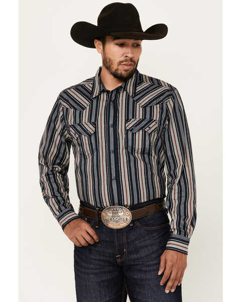 Image #1 - Cody James Men's Harvest Striped Long Sleeve Snap Western Shirt , Navy, hi-res