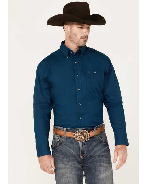 George Straight by Wrangler Men's Solid Long Sleeve Button-Down Western Shirt , Dark Blue, hi-res