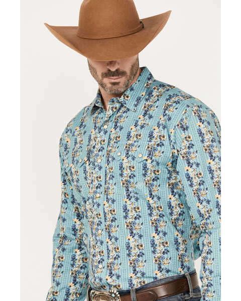 Image #2 - Ariat Men's Hains Retro Fit Snap Long Sleeve Western Shirt, Aqua, hi-res