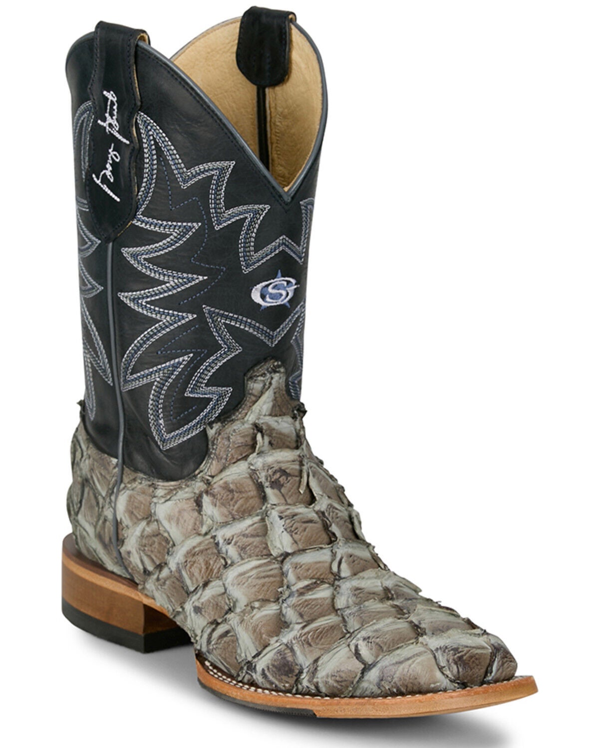 Image #1 - Justin Men's Ocean View Exotic Pirarucu Western Boots - Broad Square Toe, Grey, hi-res