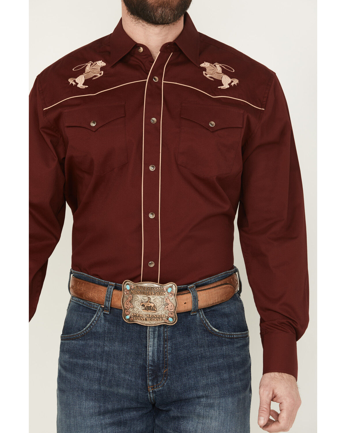 Image #3 - Rodeo Clothing Men's Embroidered Long Sleeve Snap Western Shirt, Burgundy, hi-res
