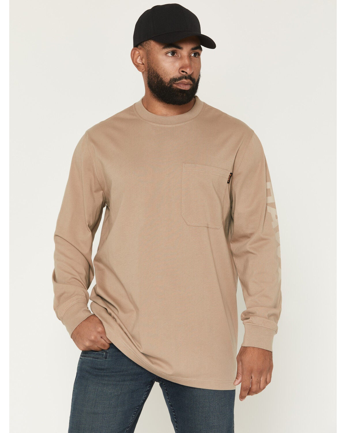 Image #1 - Hawx Men's Solid Graphic Logo Long Sleeve Work T-Shirt, Tan, hi-res
