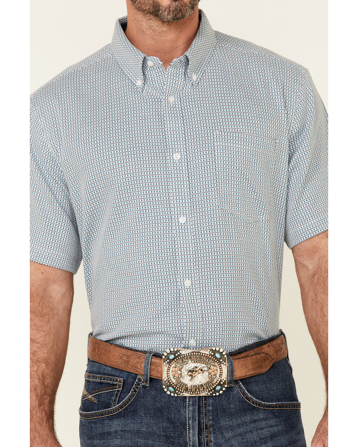 Image #3 - Cody James Core Men's Clovis Dobby Geo Print Short Sleeve Button Down Western Shirt, Blue, hi-res