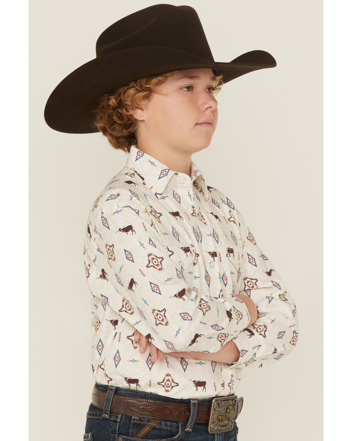 Image #2 - Panhandle Slim Boys' Novelty Steerhead Long Sleeve Snap Stretch Western Shirt, White, hi-res