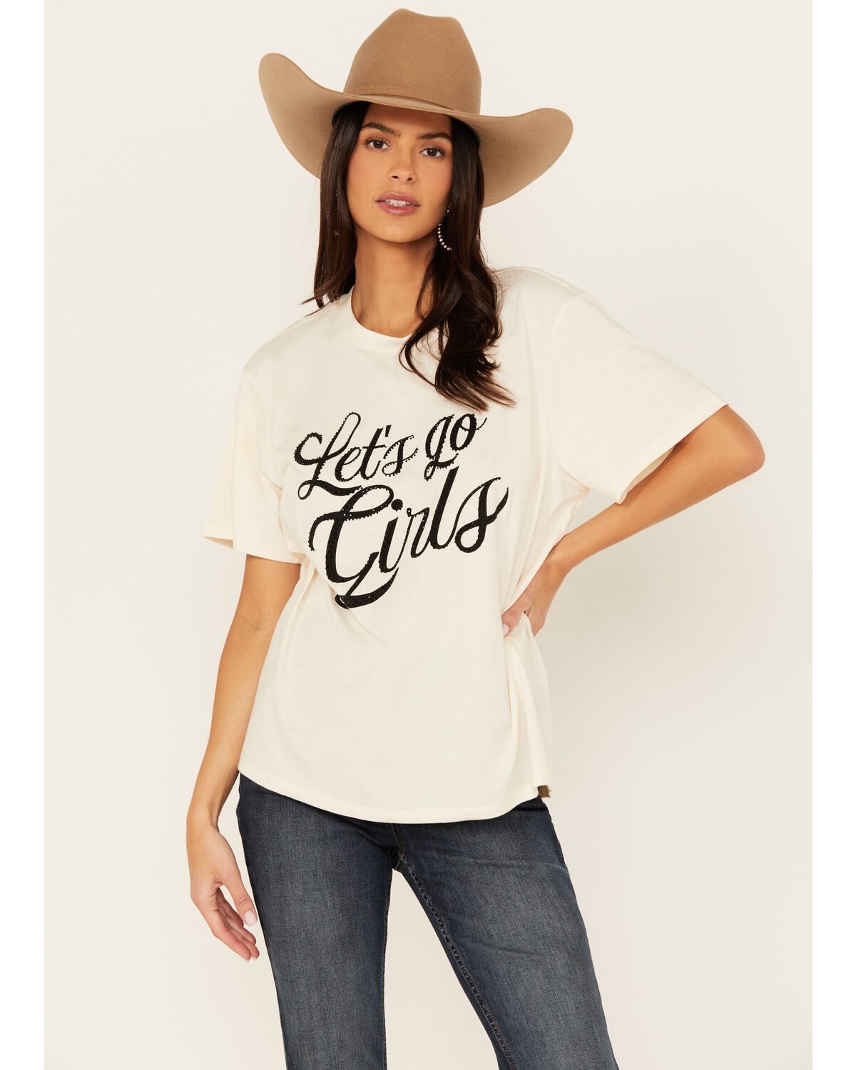 Image #1 - Blended Women's Let's Go Girls Rhinestone Short Sleeve Graphic Tee, White, hi-res