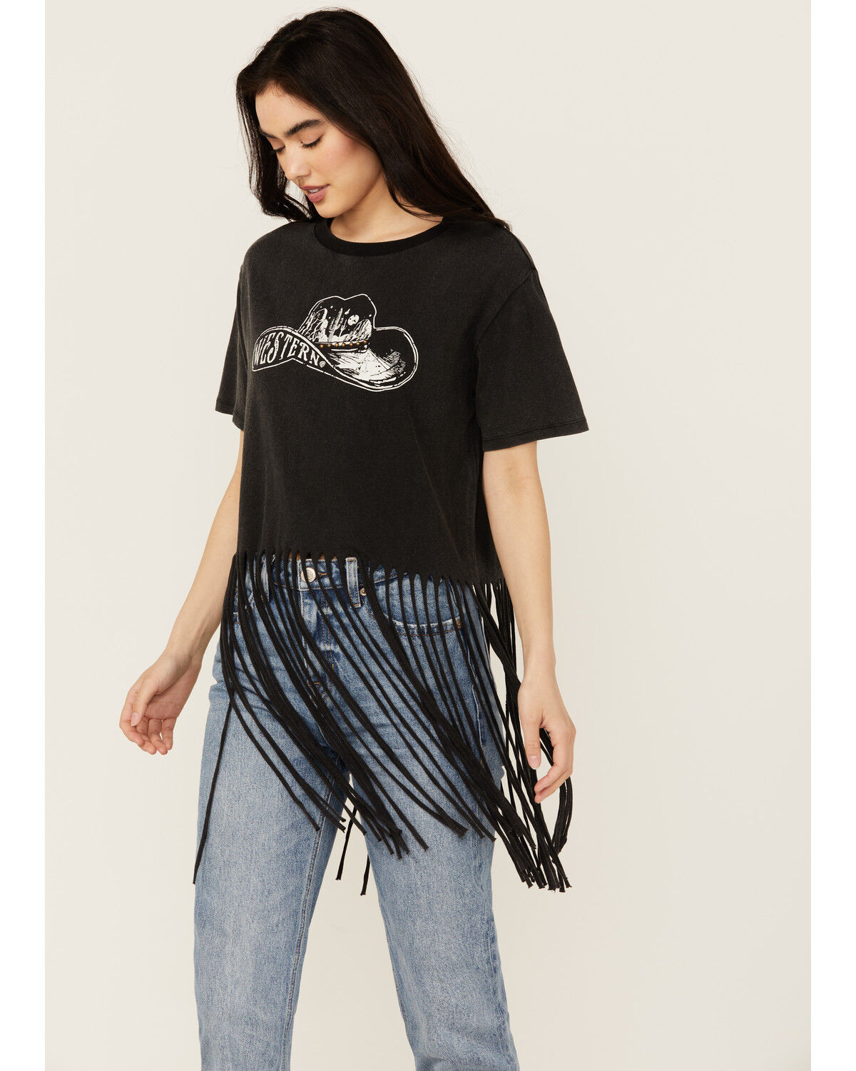 Image #1 - Rock & Roll Denim Women's Hat Short Sleeve Fringe Graphic Tee, Black, hi-res