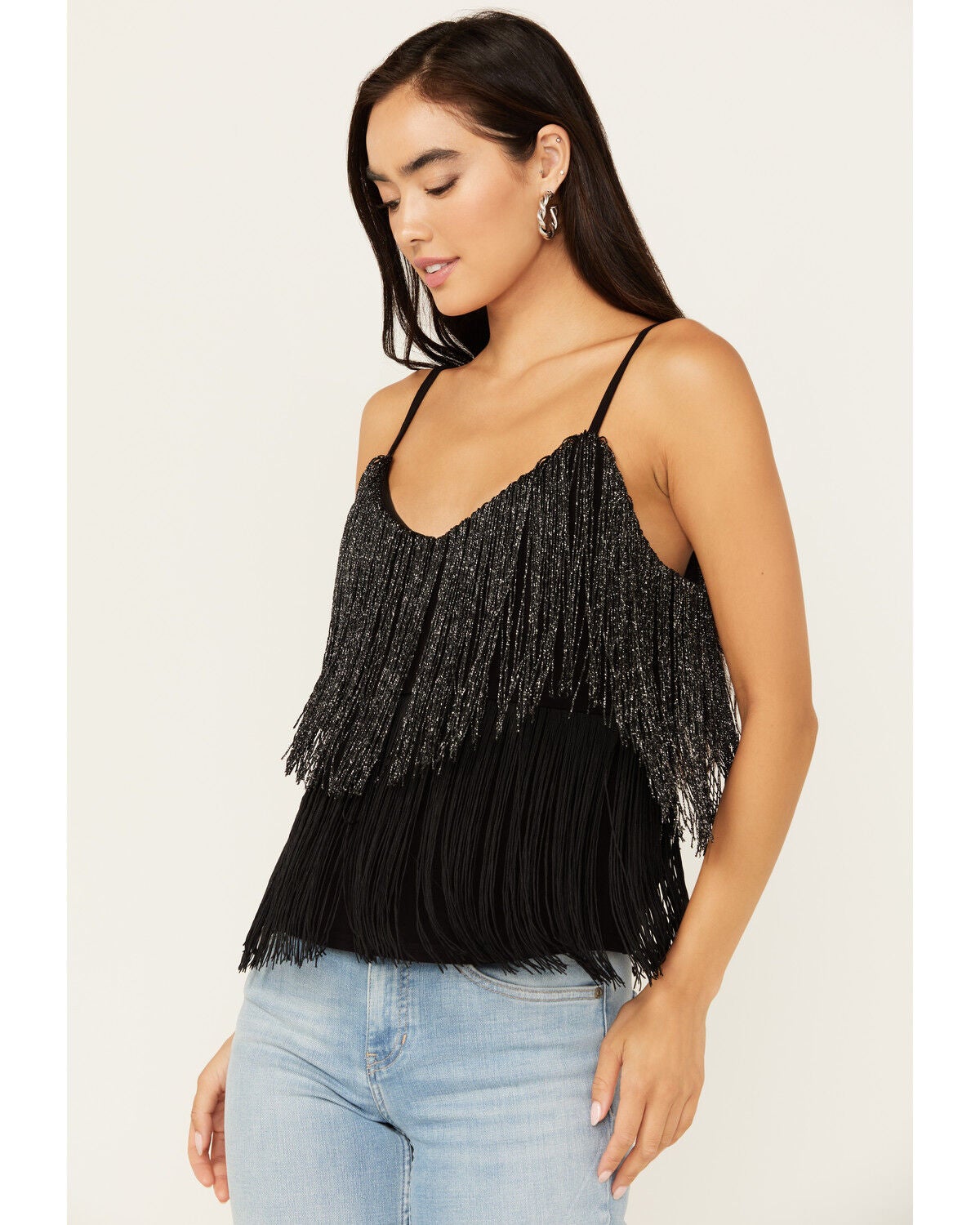 Idyllwind Women's Terrace Metallic Fringe Cami, Black, hi-res