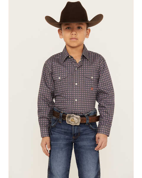 Image #1 - Roper Boys' Amarillo Geo Print Long Sleeve Western Pearl Snap Shirt, Grey, hi-res