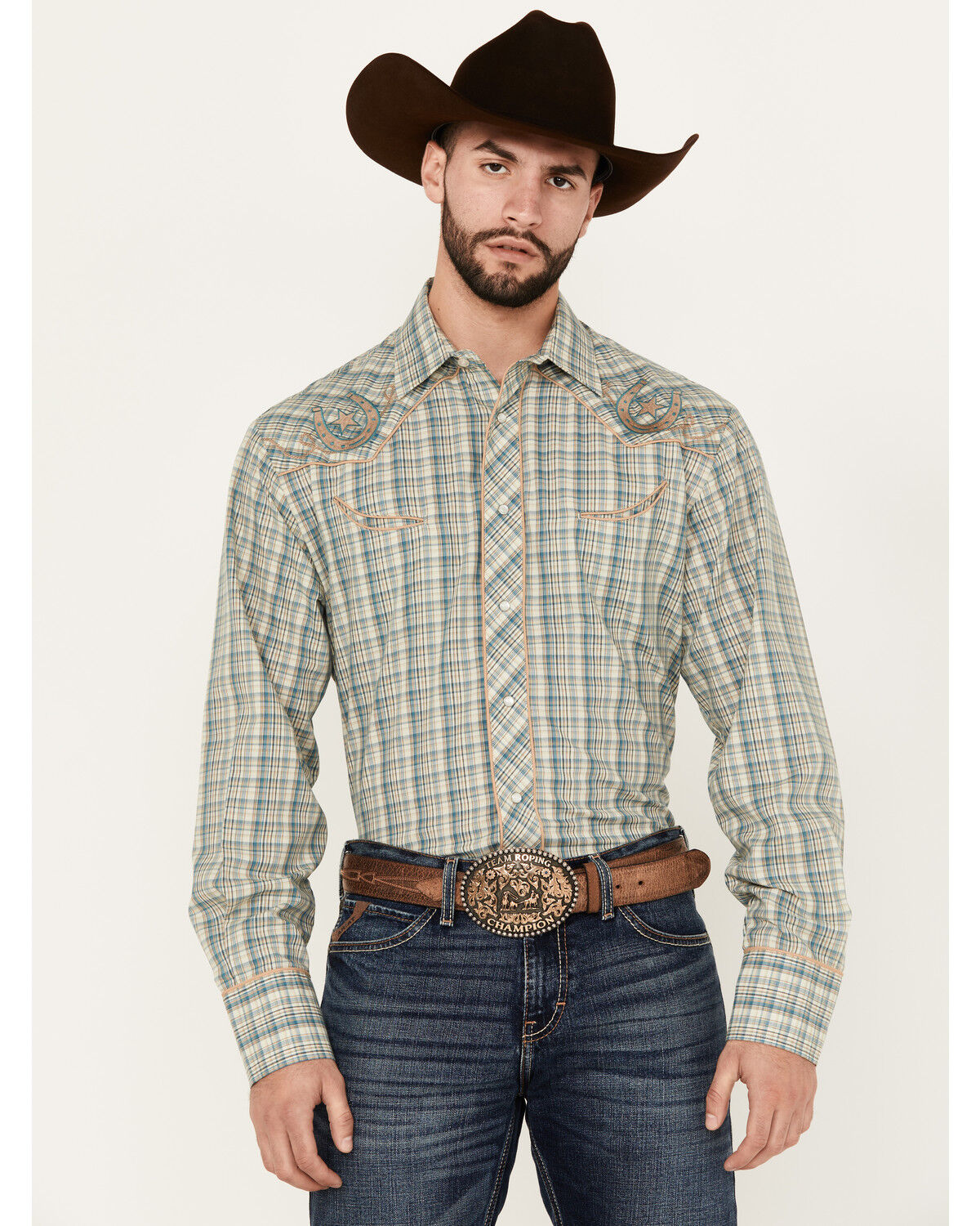 Image #1 - Roper Men's Plaid Print Embroidered Long Sleeve Pearl Snap Western Shirt, Teal, hi-res