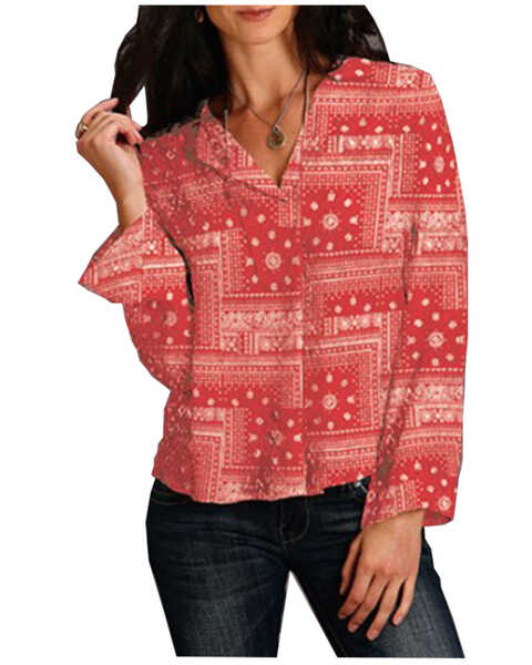 Image #1 - Stetson Women's Bandana Print Long Sleeve Blouse, Red, hi-res