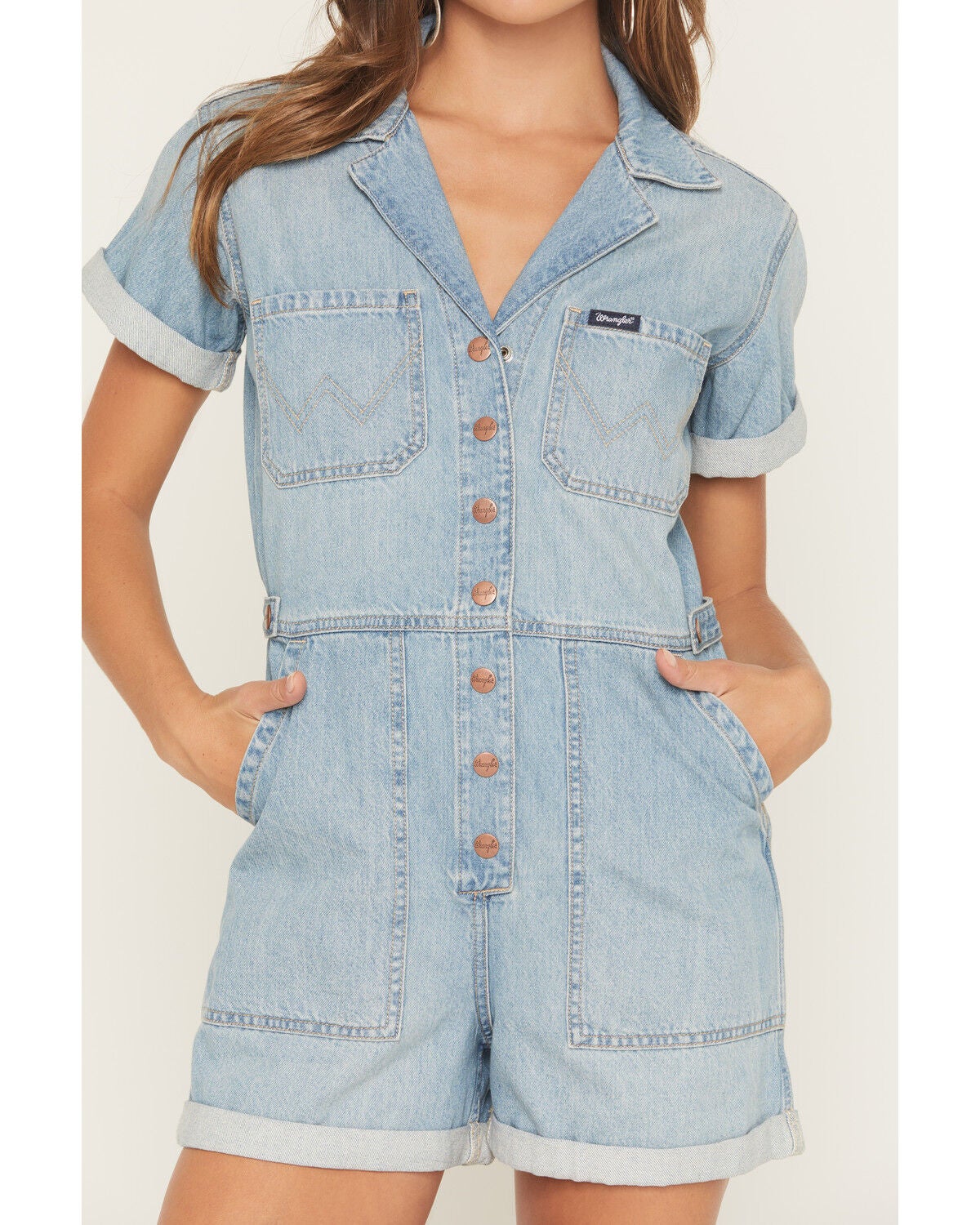 Image #3 - Wrangler Retro Women's Short Sleeve Snap Denim Romper, Blue, hi-res
