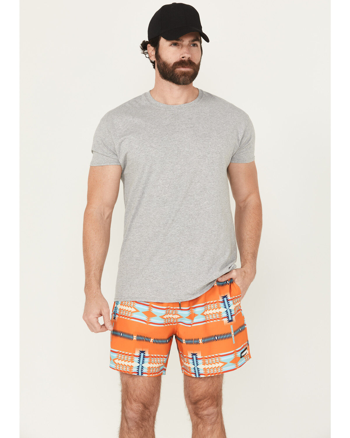Image #1 - Panhandle Men's Southwestern Print Stretch Board Shorts, Orange, hi-res