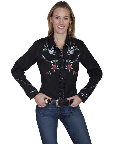 Image #1 - Scully Women's Skulls and Roses Embroidered Long Sleeve Western Snap Shirt, Black, hi-res
