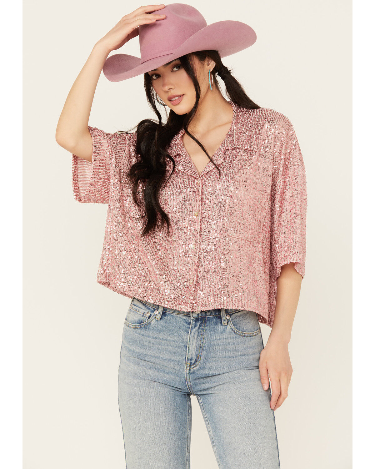 Image #1 - POL Women's Sequin Button Up Top, , hi-res