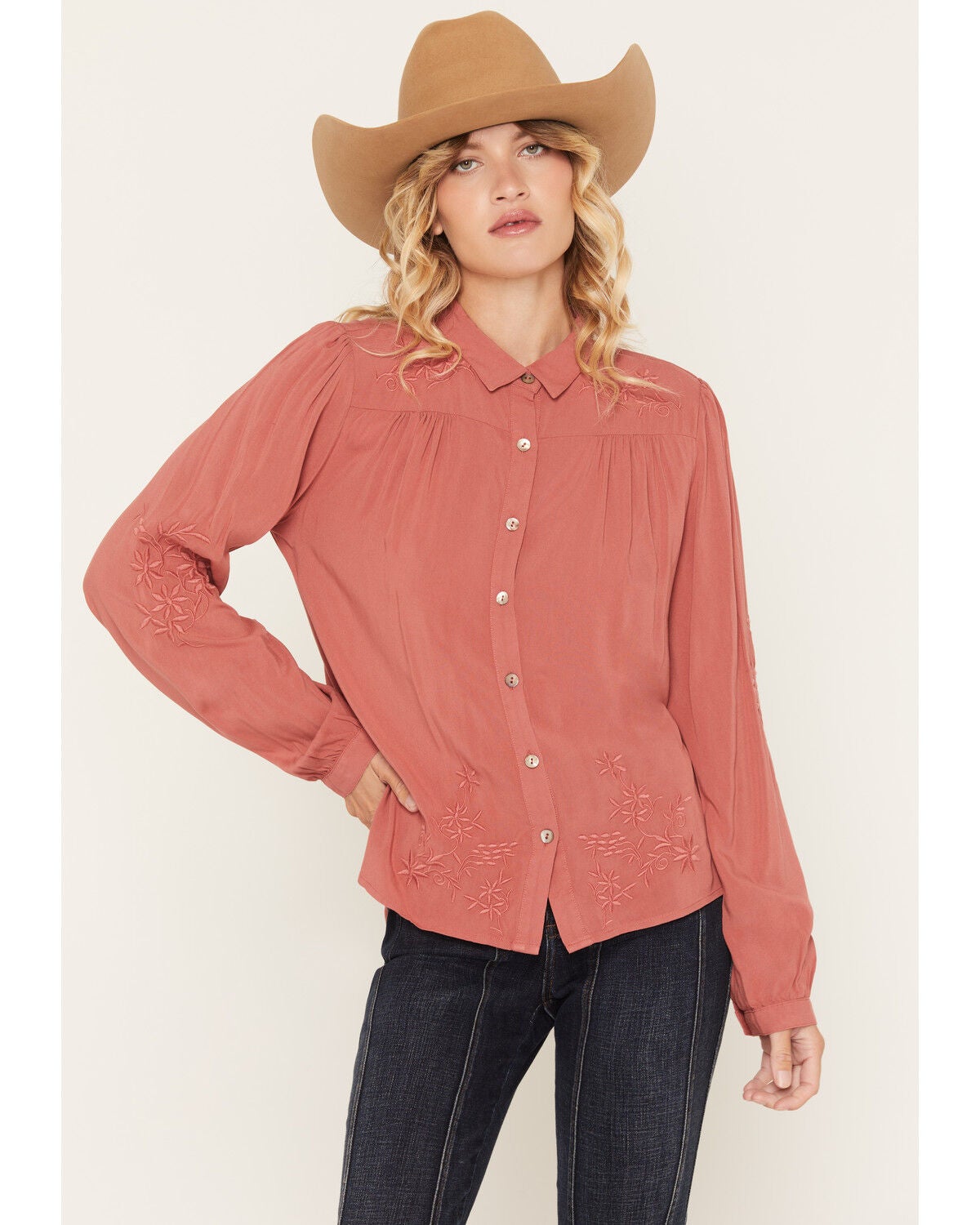 Lovestitch Women's Tonal Floral Embroidered Long Sleeve Button-Down Shirt, Rose, hi-res
