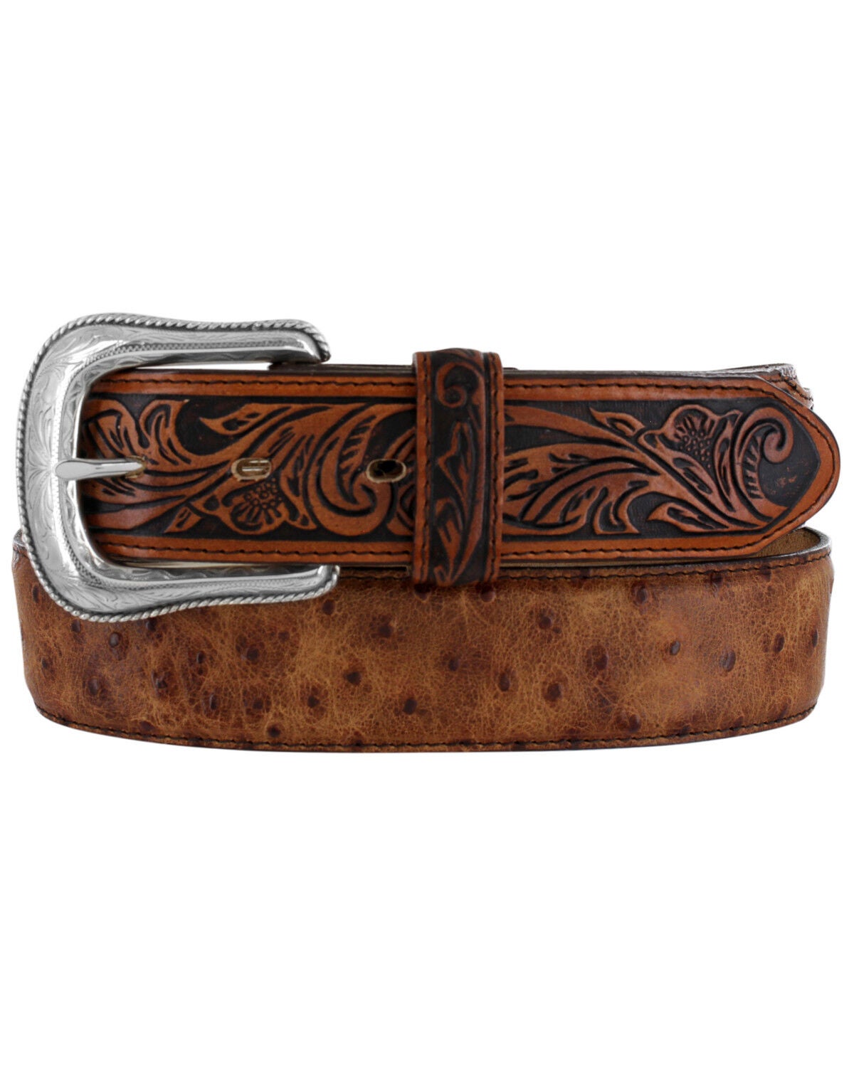 Tony Lama Men's Rustic Ostrich Western Belt, Brown, hi-res