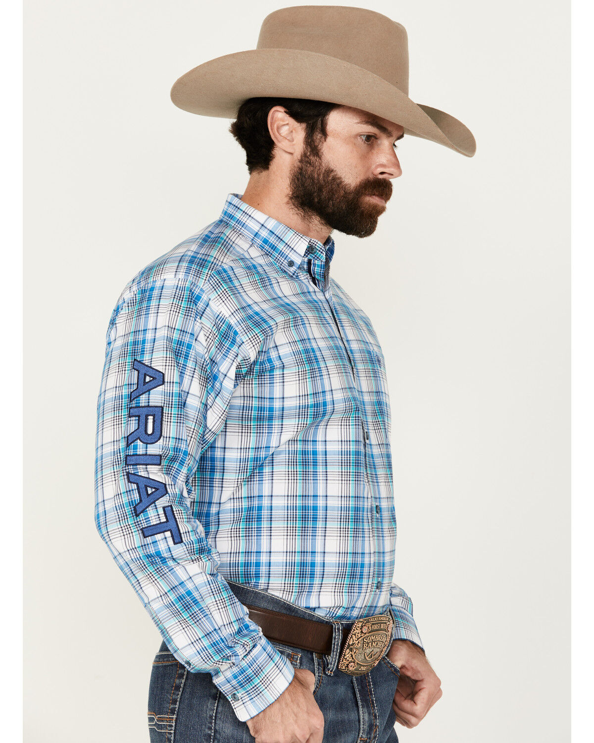 Image #3 - Ariat Men's Pro Series Griffin Team Logo Plaid Print Long Sleeve Button-Down Western Shirt - Tall, Blue, hi-res