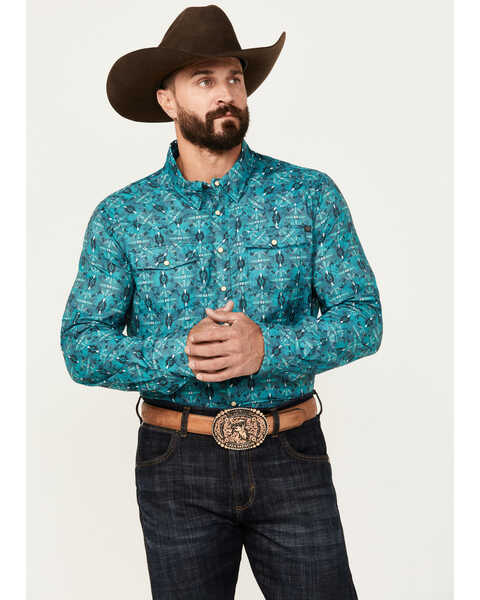 Rock & Roll Denim Men's Southwestern Print Ripstop Long Sleeve Snap Performance Western Shirt, Teal, hi-res